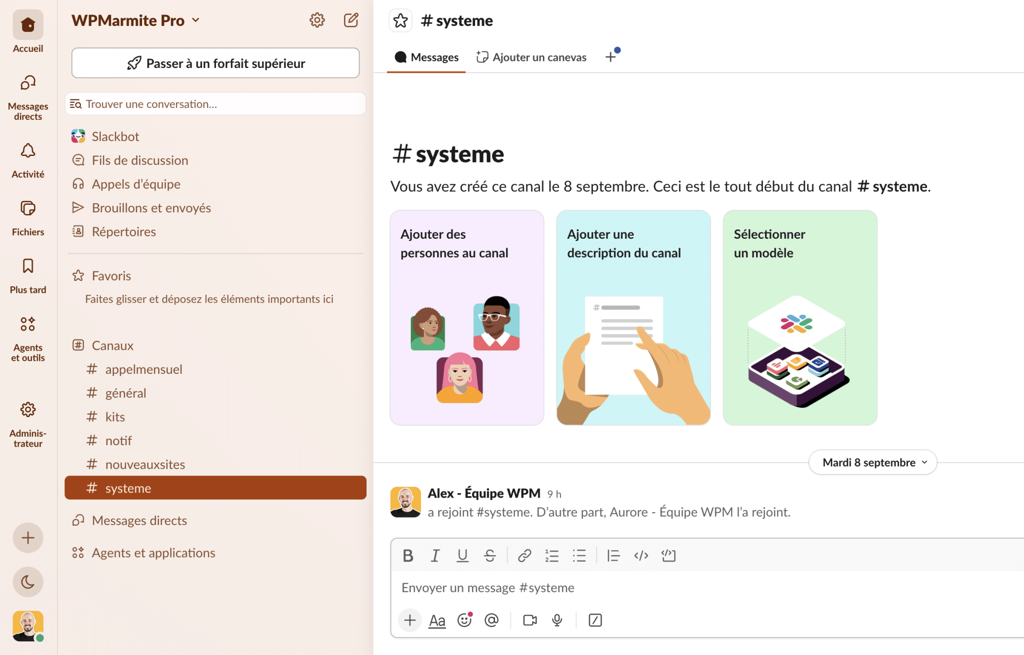Capture du Slack privé du Système WP IA