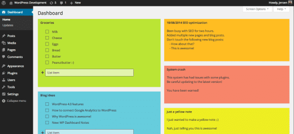 Aperçu des notes dans le dashboard