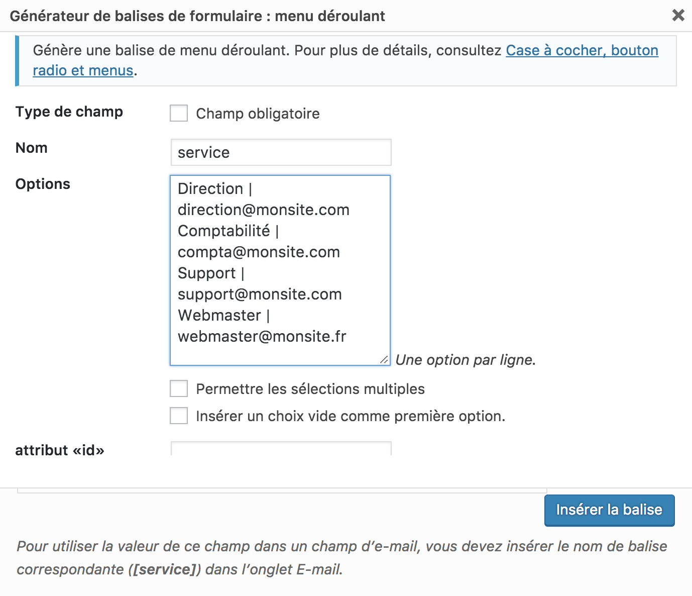 choisir destinataires contact form 7