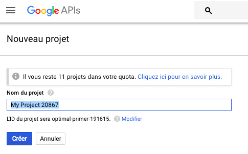 Nouveau projet Google API