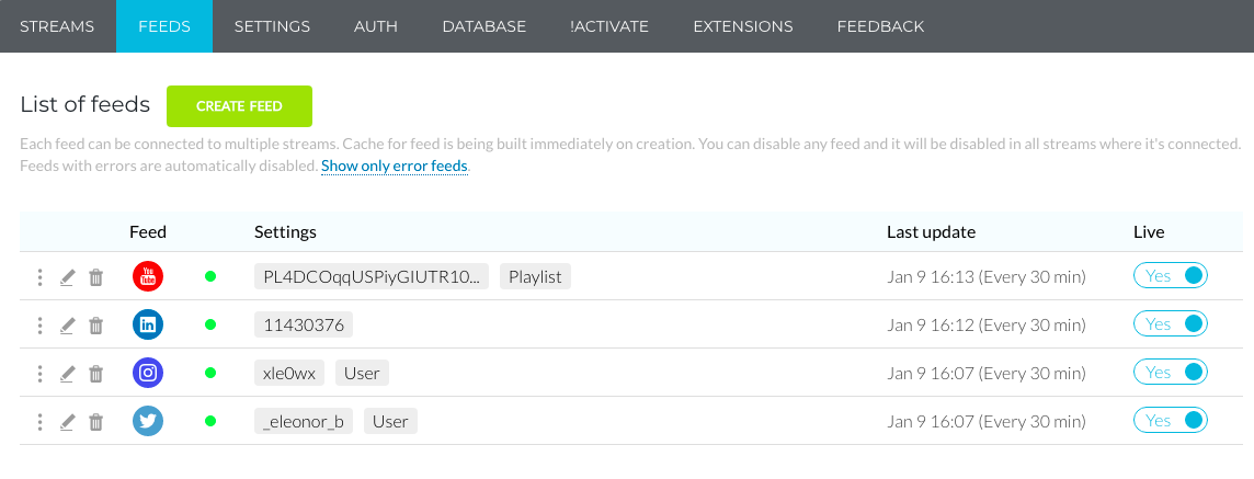 Liste des fils social media