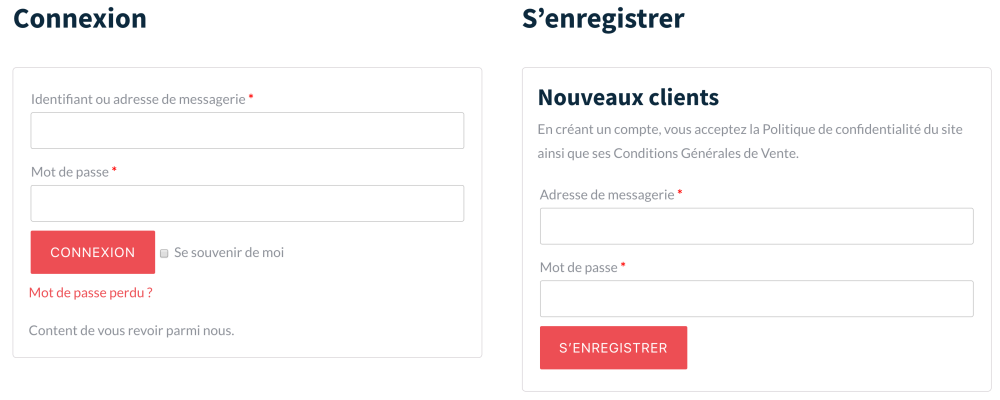 woocommerce connexion texte down