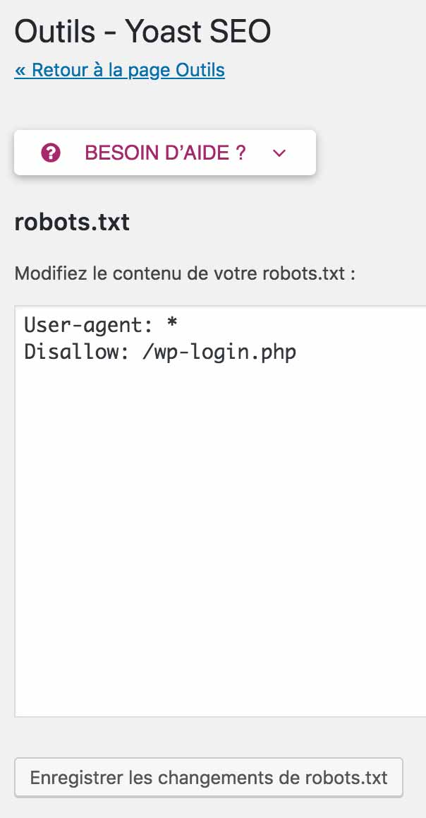 Modification du fichier robots.txt sur WordPress via Yoast SEO.