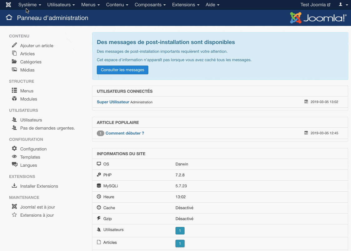 L'interface d'administration de Joomla