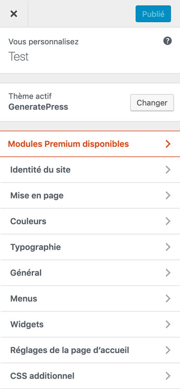 GeneratePress dans l'outil de personnalisation