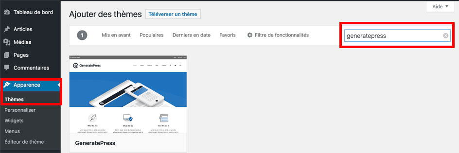 Installation du thème GeneratePress depuis le tableau de bord WP