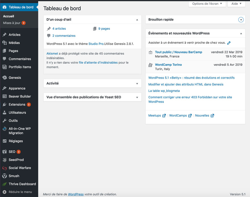 Le Tableau de bord d'un site WordPress