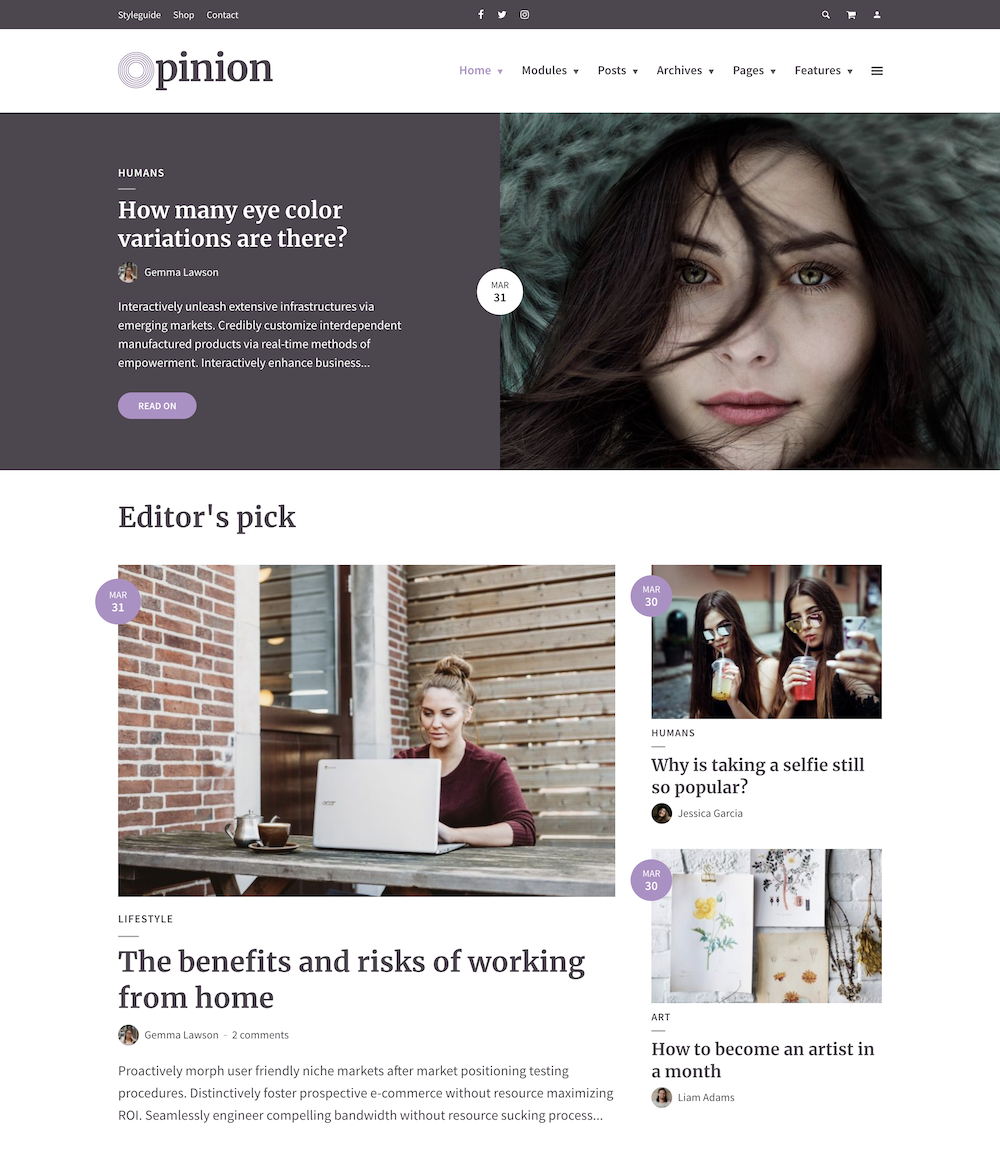 Le thème Opinion pour votre magazine créé par WordPress