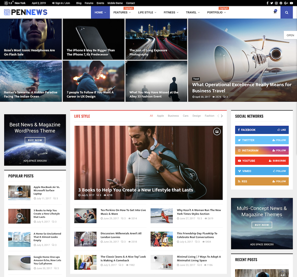 La page d'accueil de la démo du thème PenNews