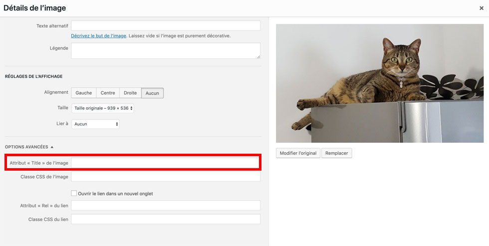 L'encart pour renseigner un attribut Title sur WordPress