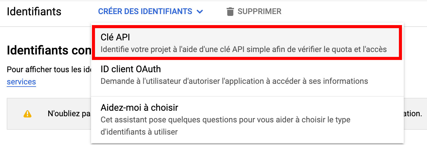 clé API sélection