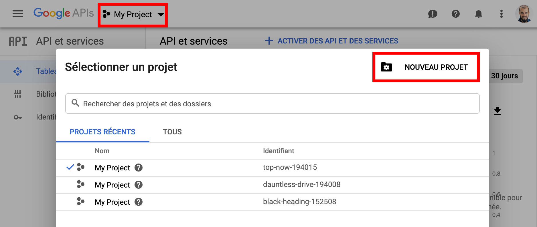 Création d'un nouveau projet pour une clé API YouTube