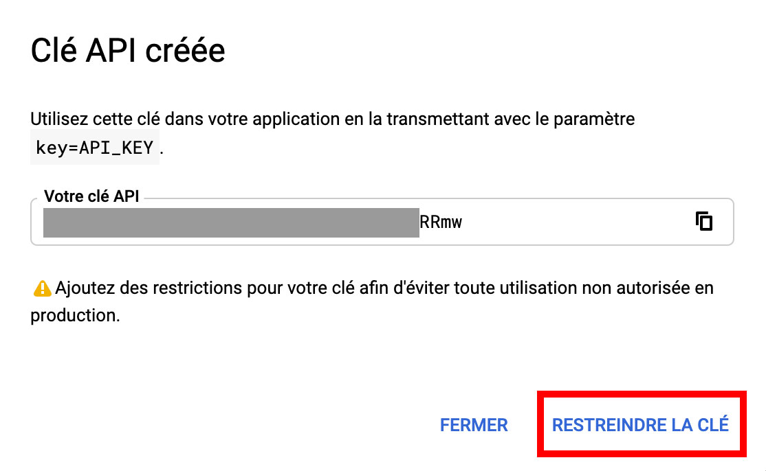 Fin de la création de la clé API