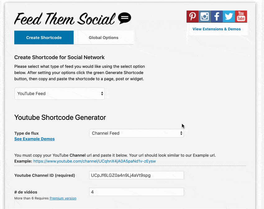 Le menu de réglages de Feed Them Social