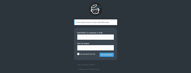 Page de déconnexion admin WordPress de WPMarmite