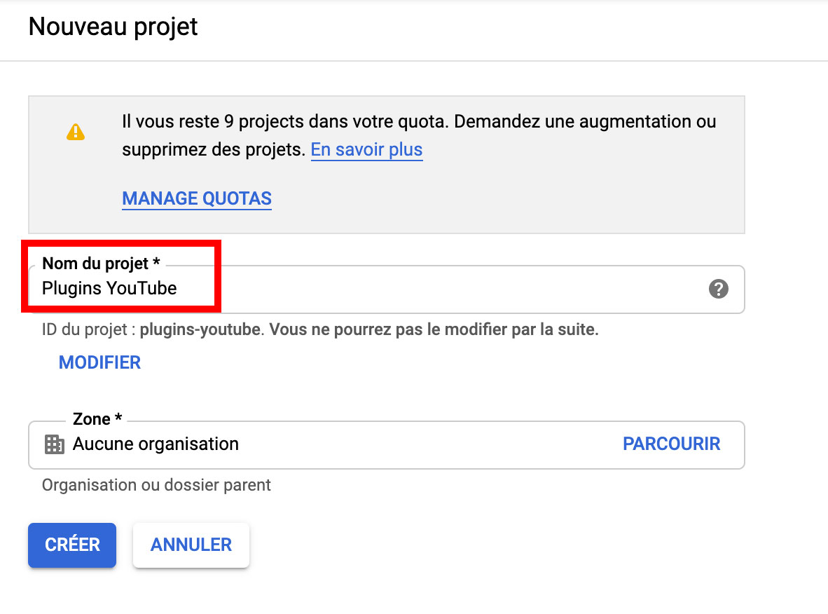 Nom du projet clé API YouTube