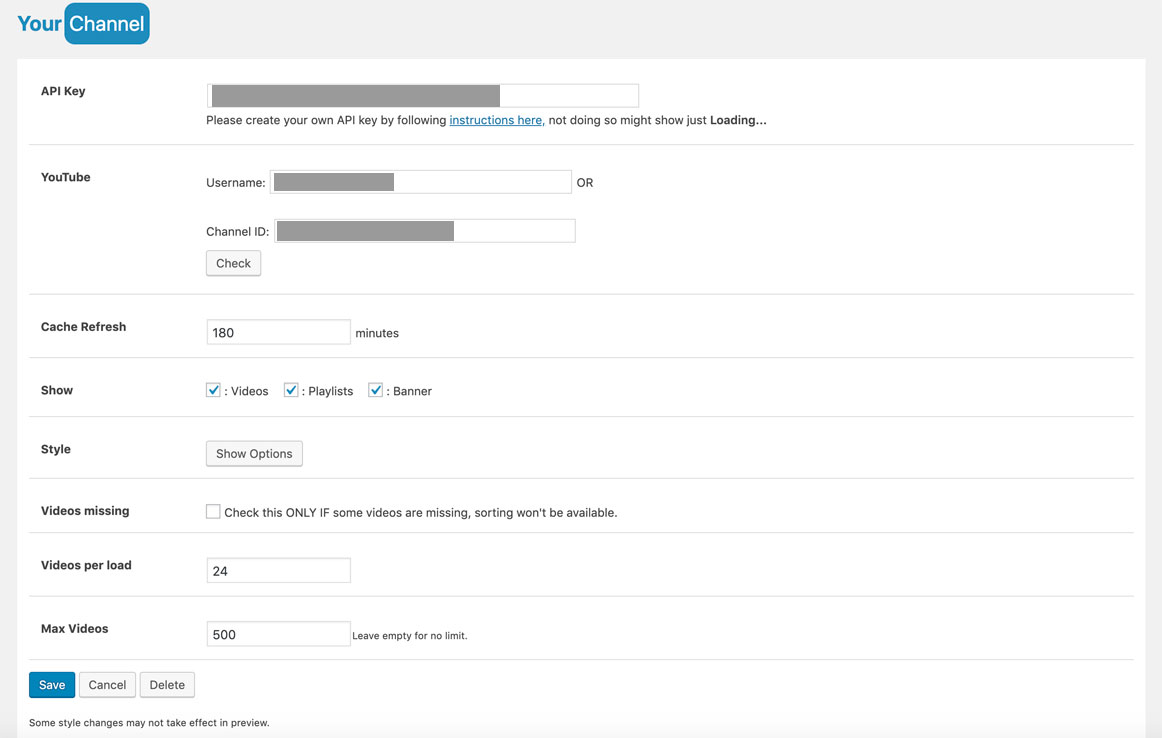 Réglages de l'extension YourChannel