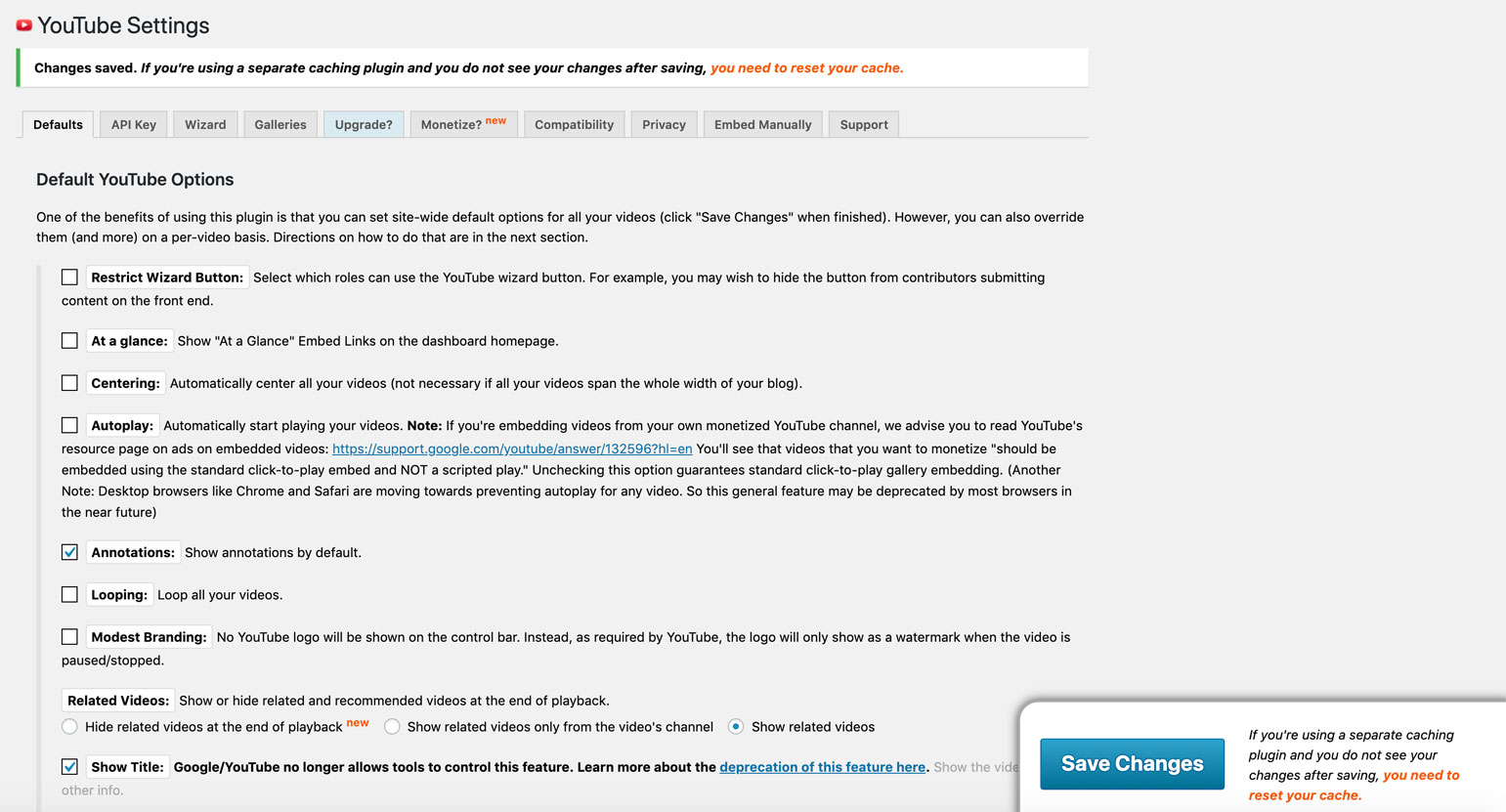 YouTube embed plugin réglages