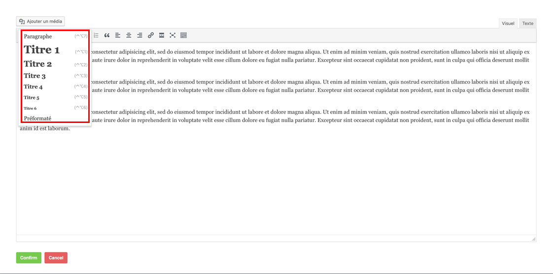 Les balises hn de l'éditeur de texte WordPress