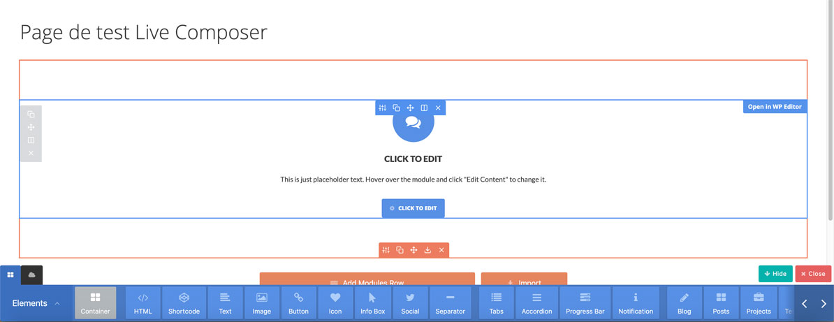 Réglages du page builder en pleine largeur