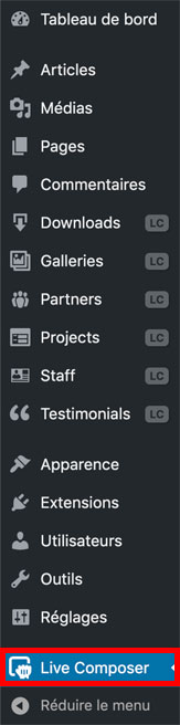 Le menu Live Composer sur l'administration de WordPress
