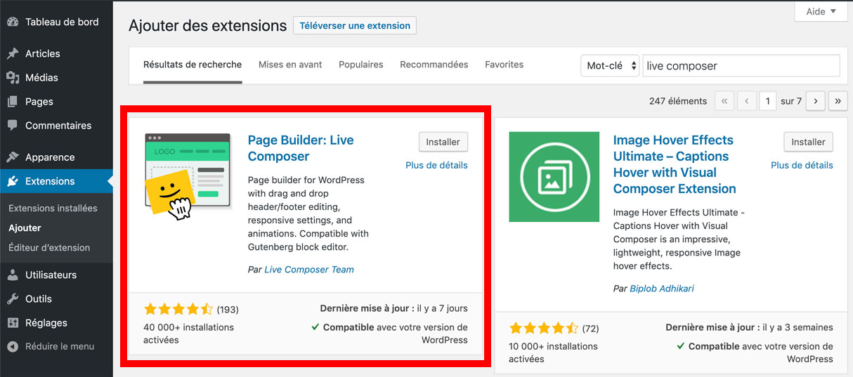 Activation du plugin Live Composer sur WordPress