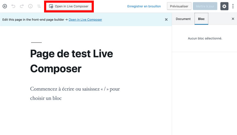 Page de test de Live Composer