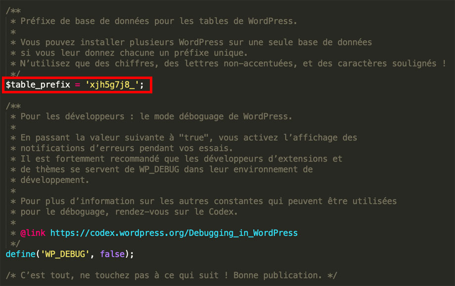 Préfixe des tables dans le fichier wp-config.php de WordPress.