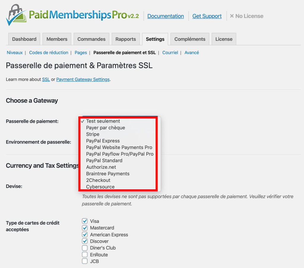 Passerelles de paiement de Paid Memberships Pro