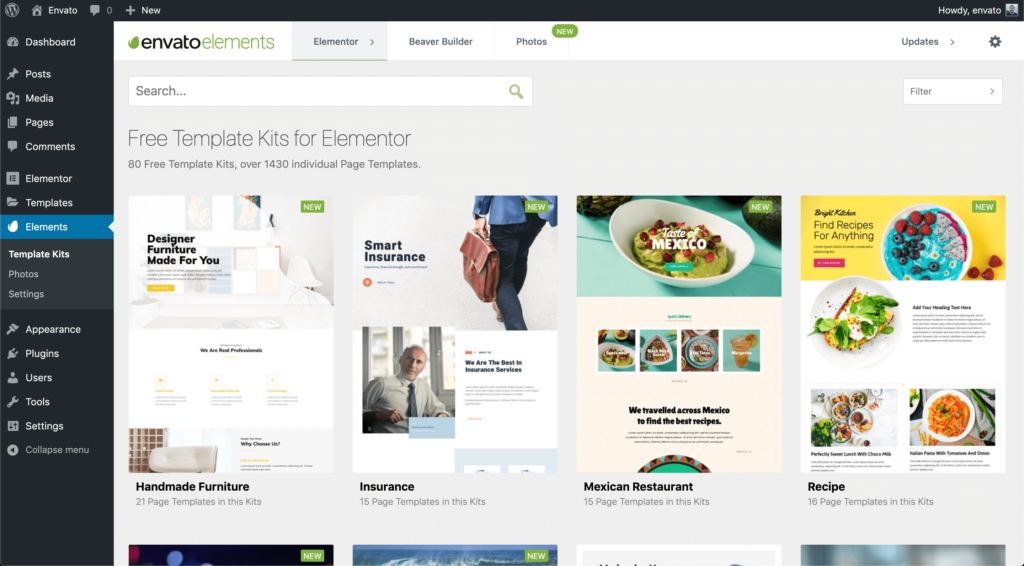 Trouvez des templates Elementor sur Envato