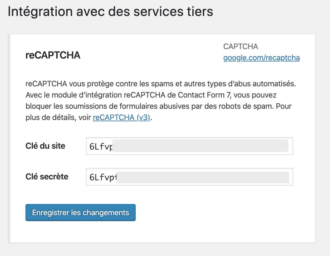 Intégration en page des clés Google