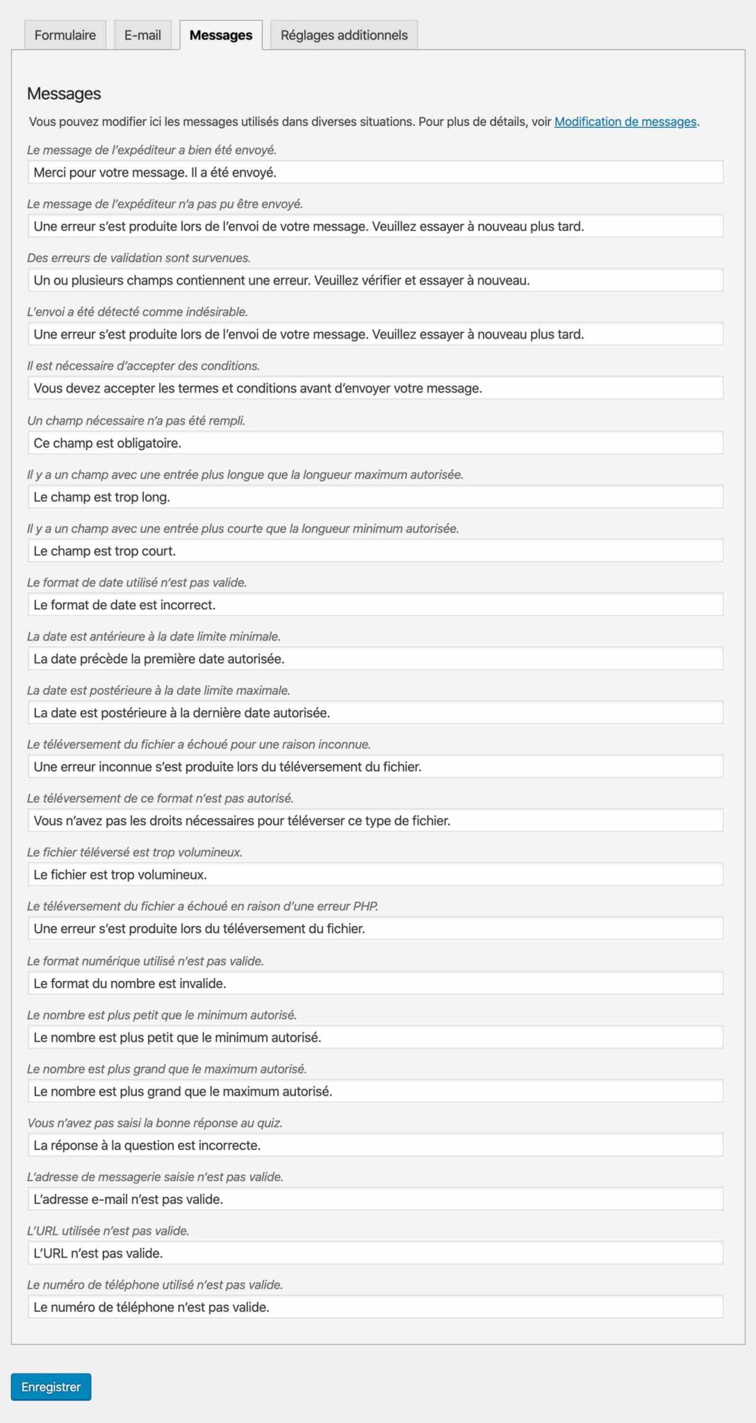 Messages d'erreur de Contact Form 7