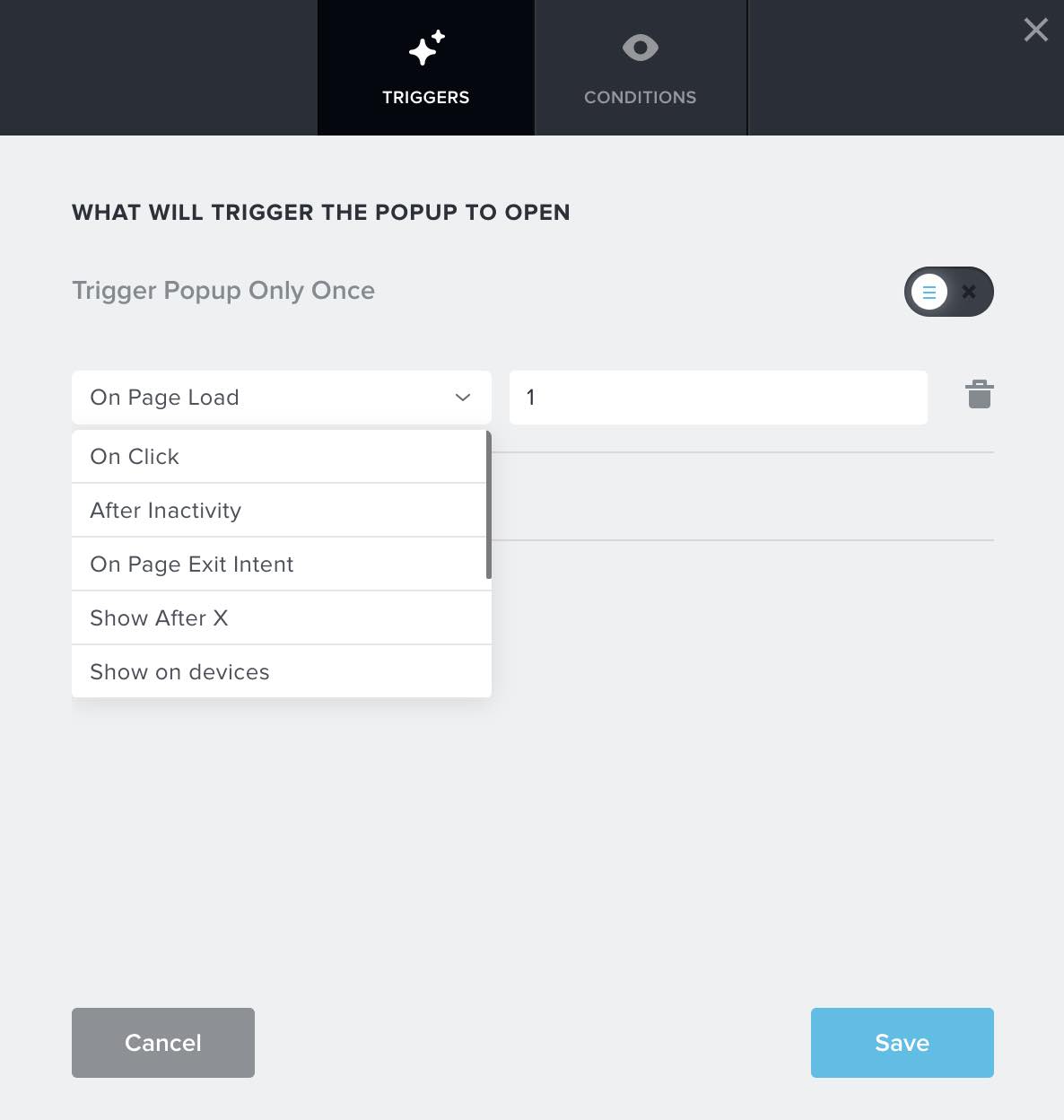 Réglages de la popup.