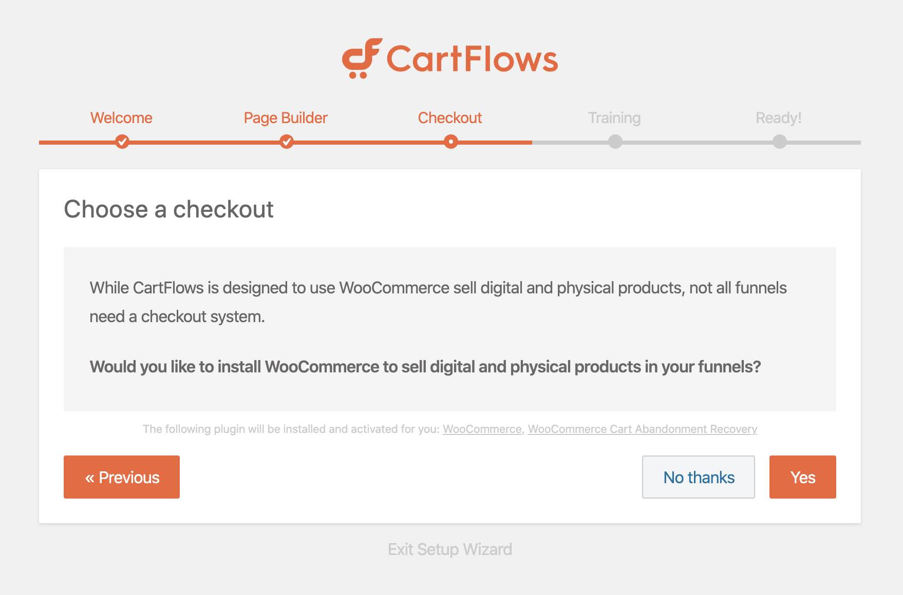 L'assistant de configuration de Cartflows.