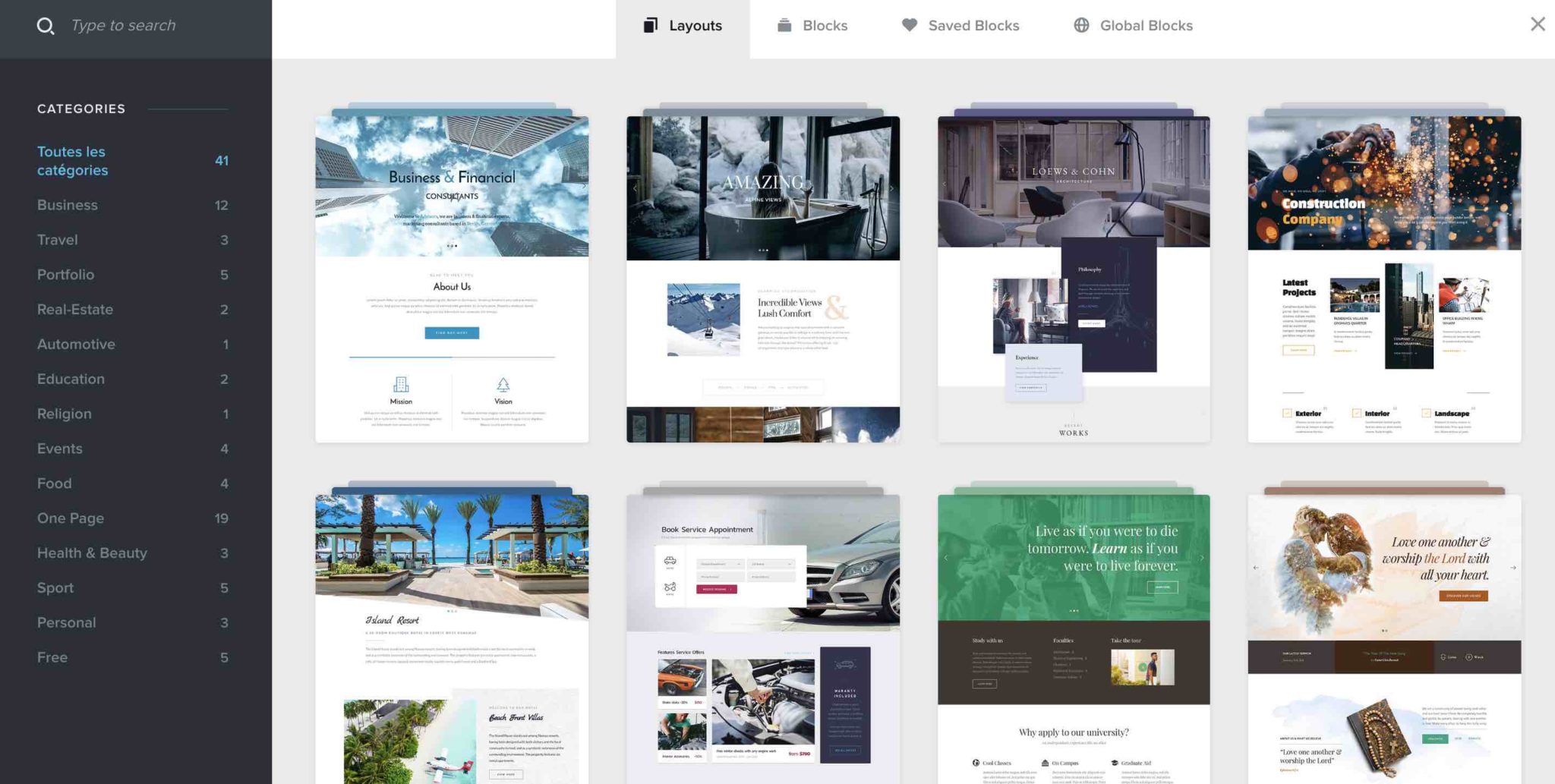 Aperçu des templates proposés par Brizy.