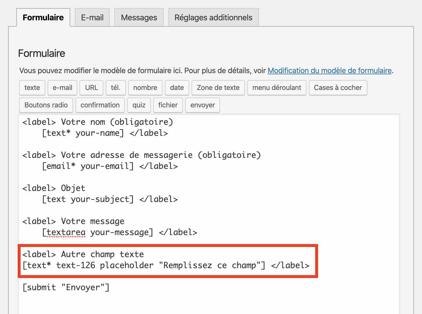 Intégration du champ Texte dans le formulaire