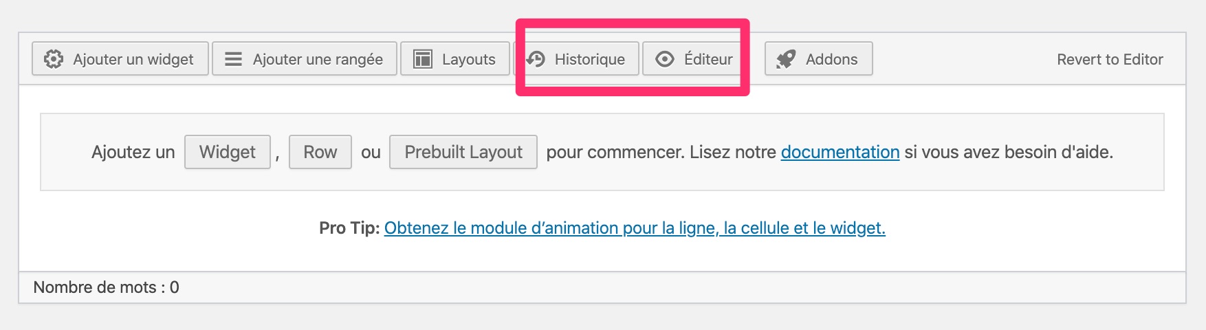 La barre d'outils de l'ancien éditeur WordPress