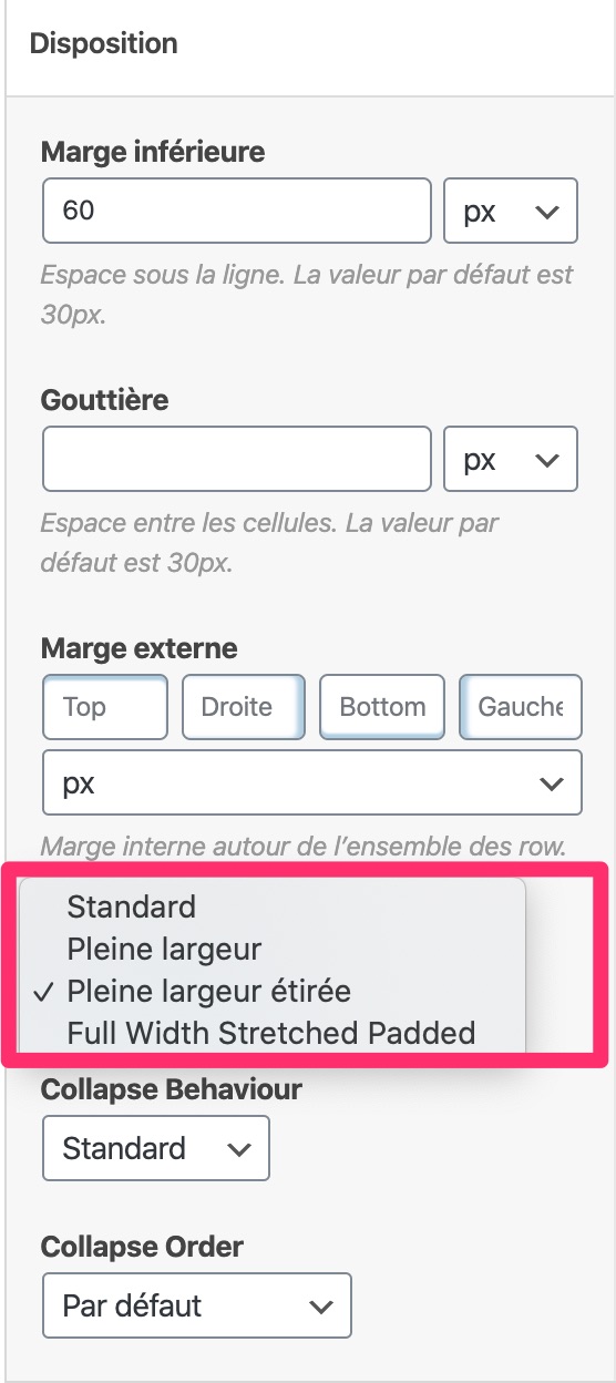 Disposition des colonnes