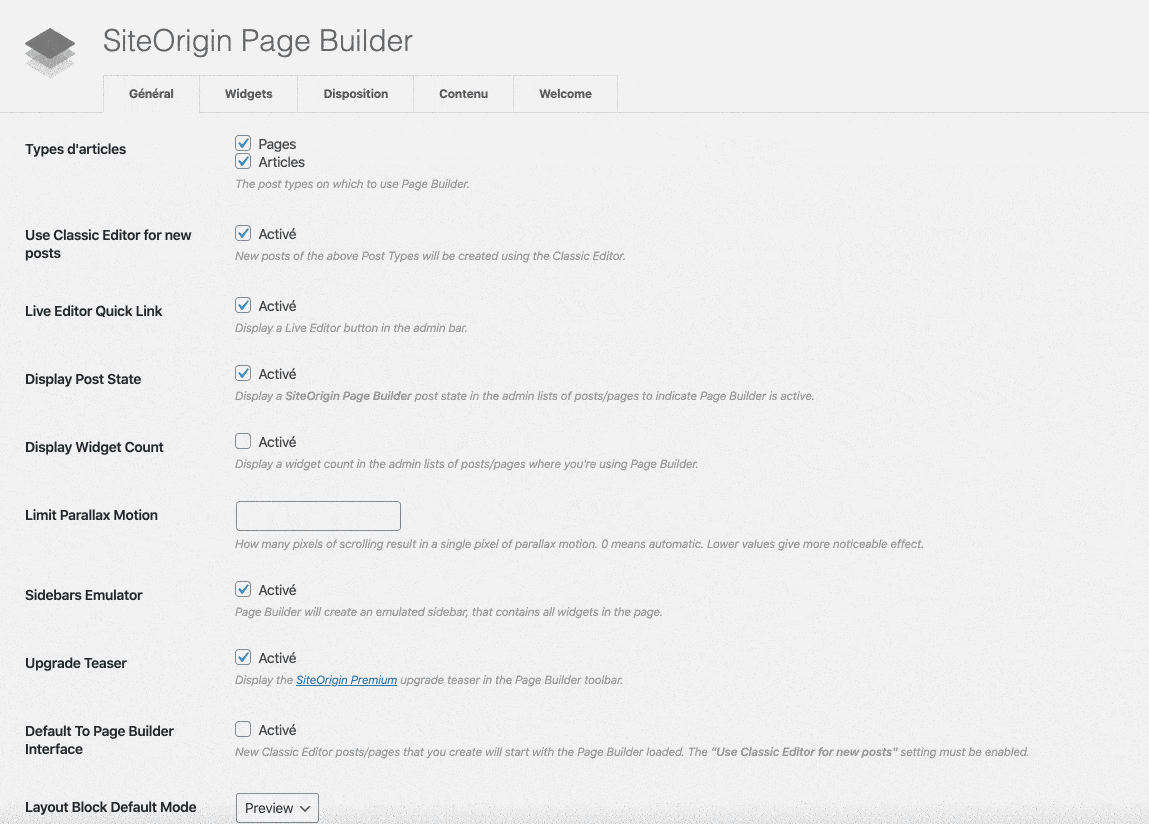 Menu de réglages de SiteOrigin
