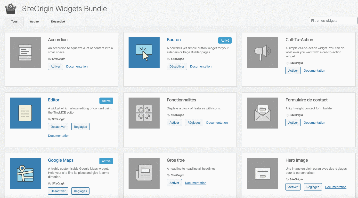 Les widgets du Bundle de SiteOrigin