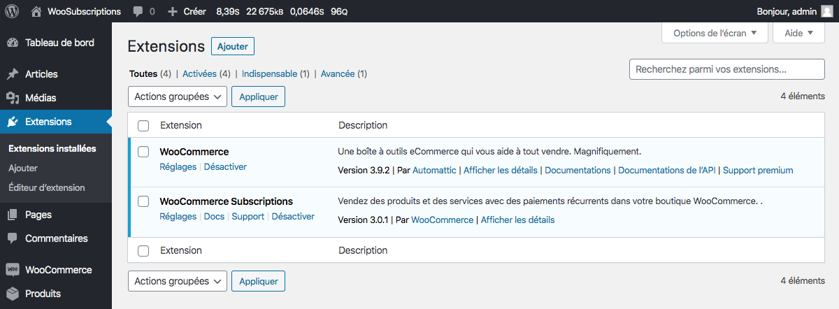 L'extension WooCommerce Subscriptions dans votre administration