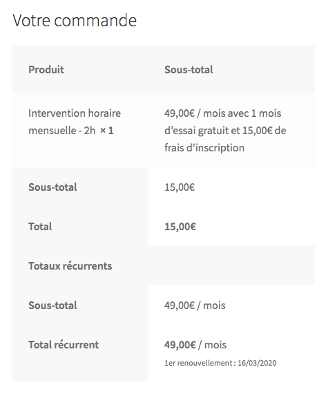Exemple de commande via WC Subscriptions
