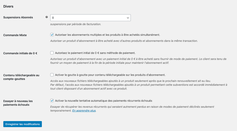 Réglages divers du plugin WooCommerce Subscriptions