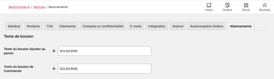 Le texte des boutons dans WC Subscriptions