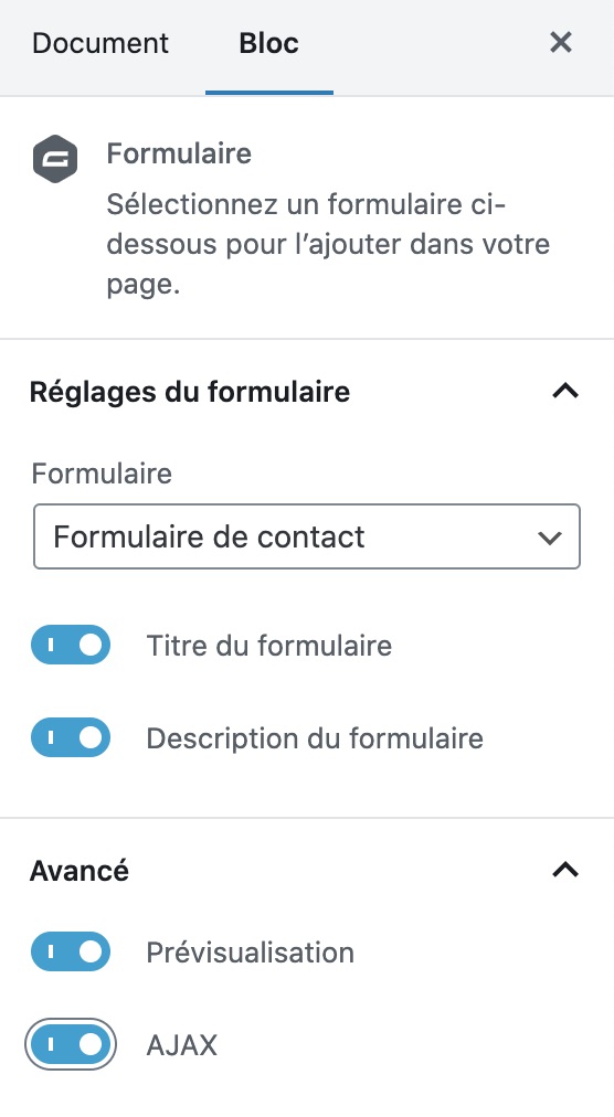 Réglages du bloc Gutenberg
