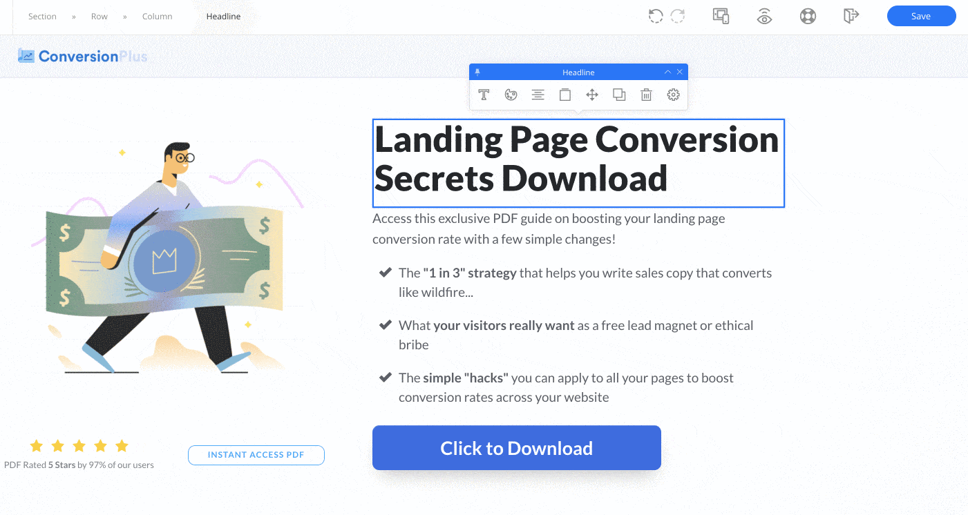 Barre d'outils contextuelle d'OptimizeBuilder