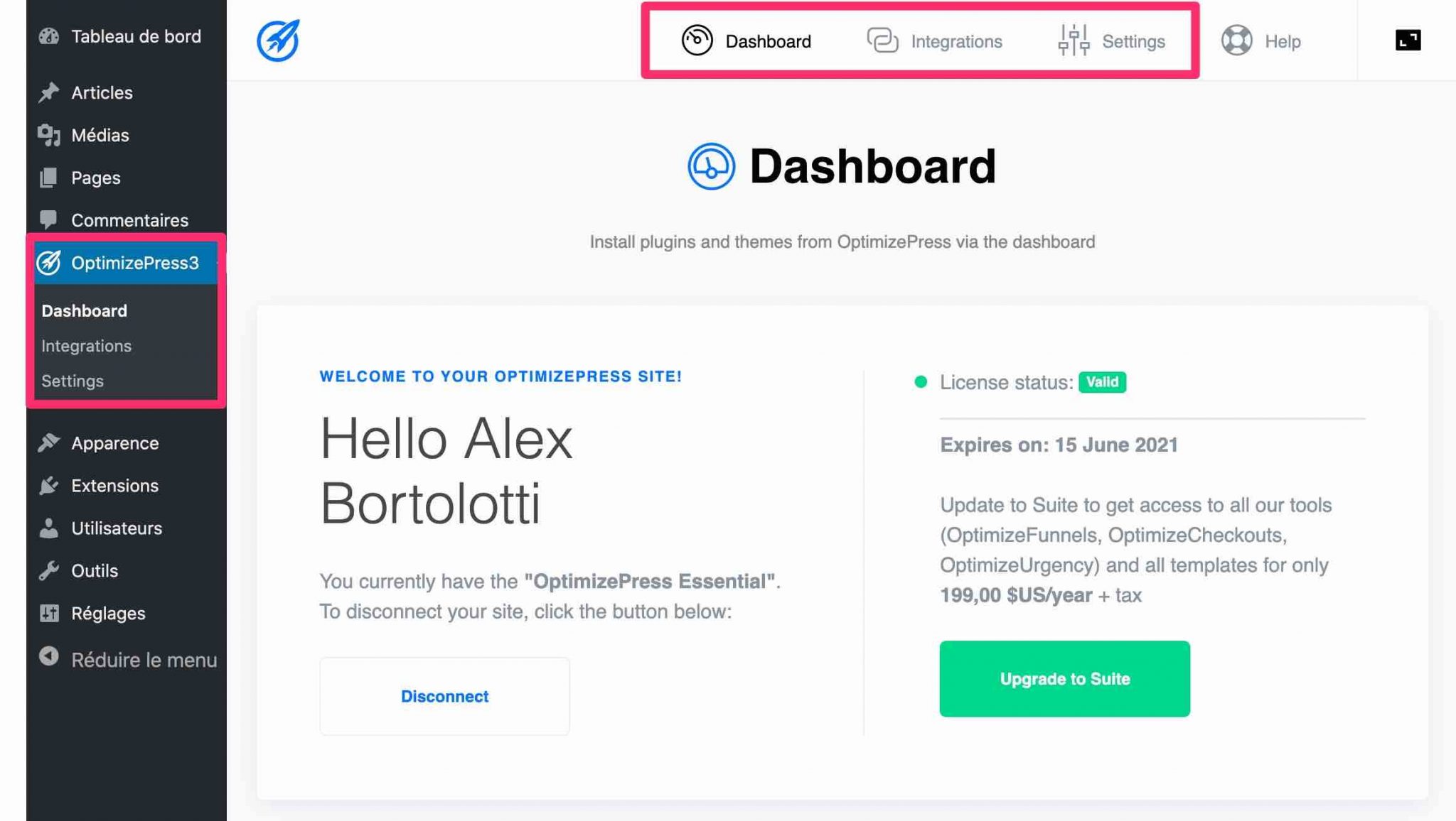 Page de réglages d'OptimizePress sur WordPress