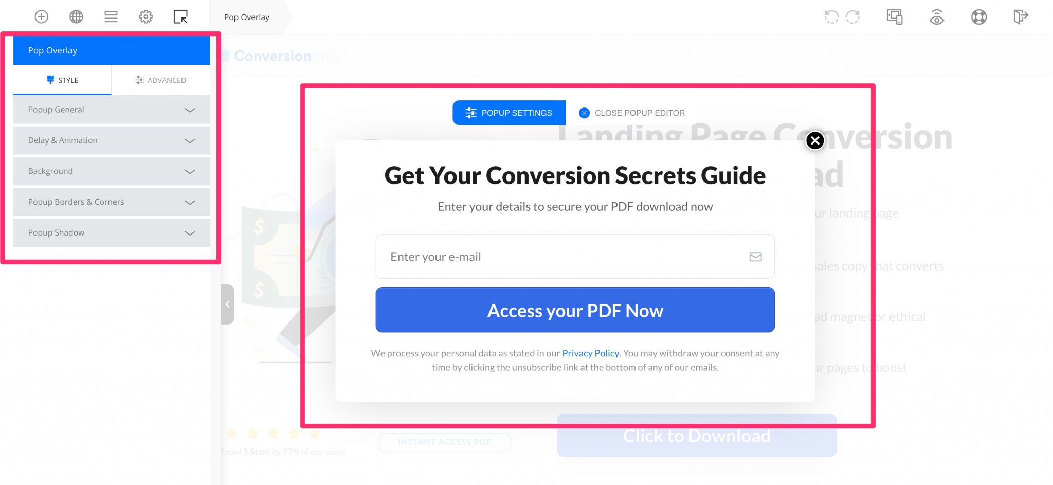 Pop up d'OptimizeBuilder