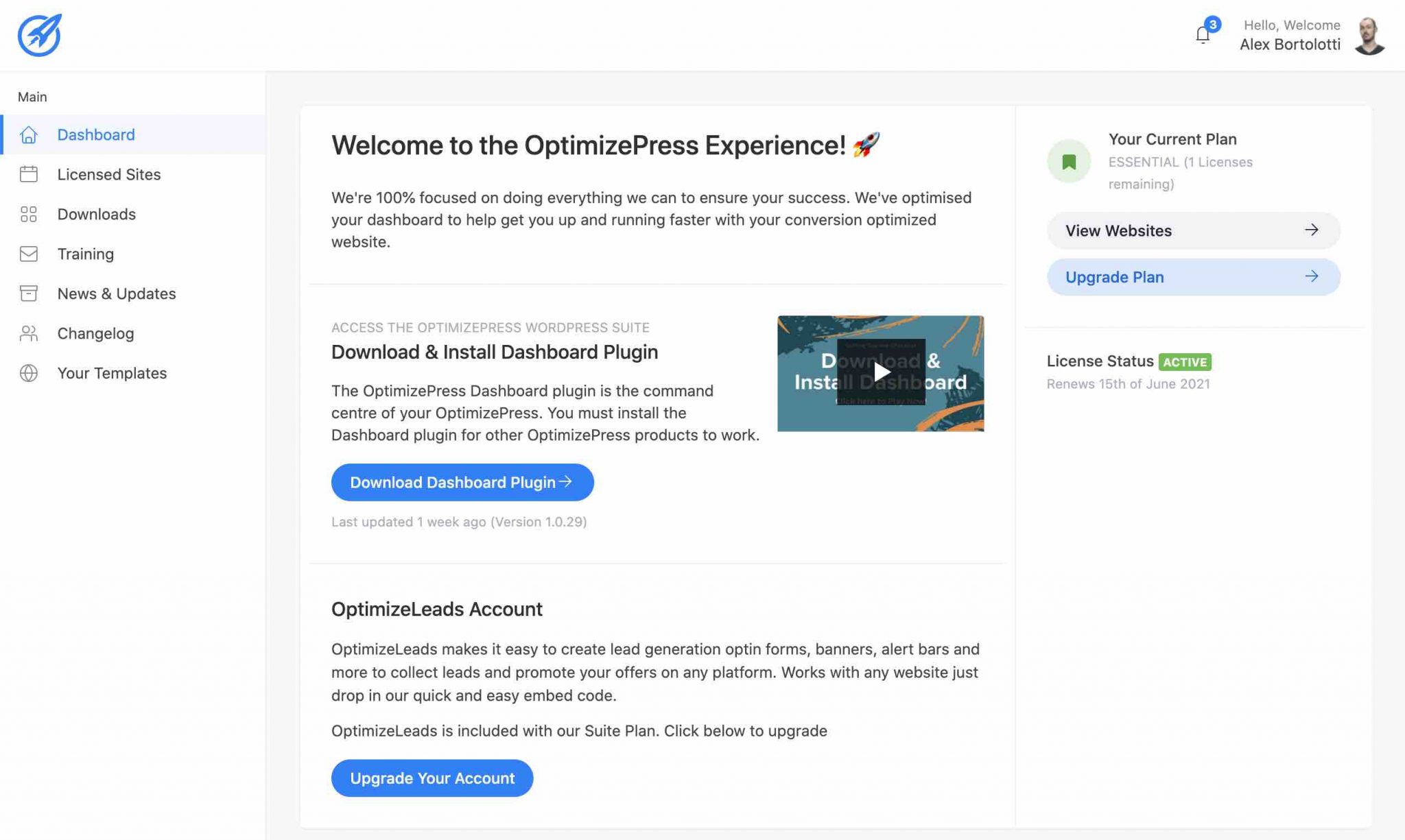 Le tableau de bord d'OptimizePress
