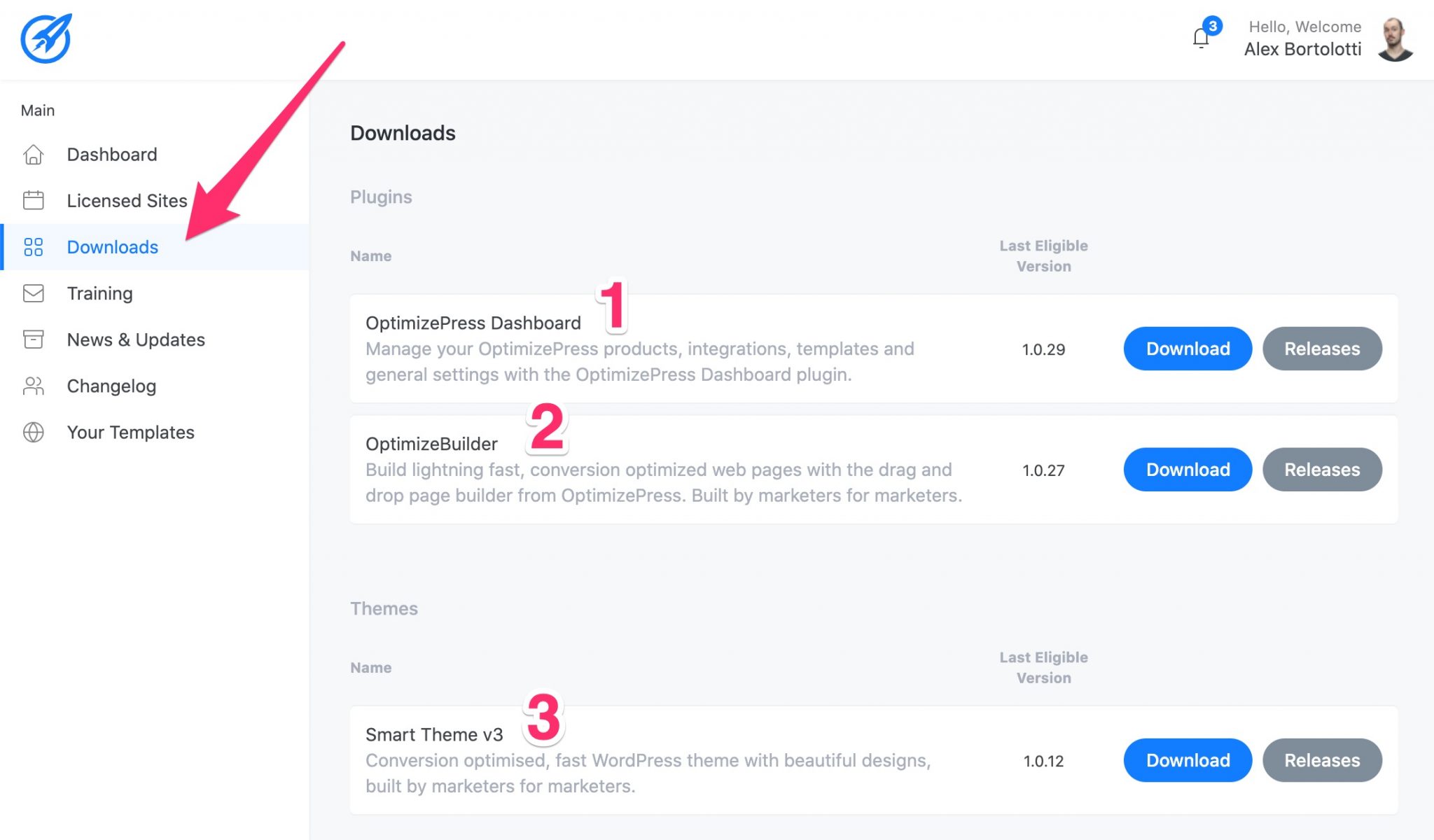 Téléchargements sur le tableau de bord d'OptimizePress